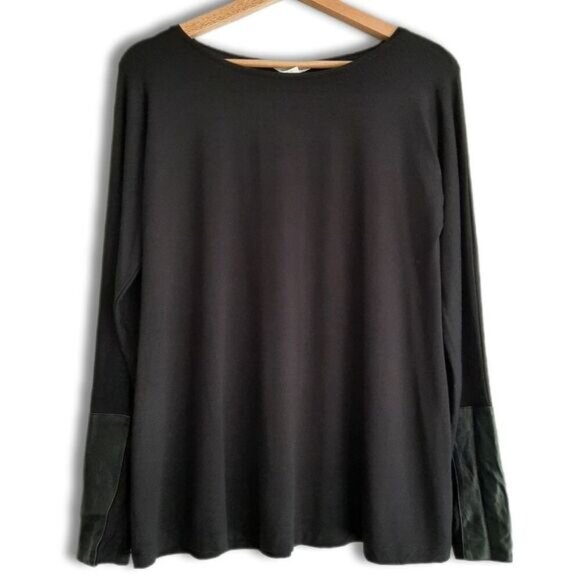 CLUB MONACO / Mixed Media Faux Leather Sleeve End Panels Top Black Sz S - Picture 1 of 11